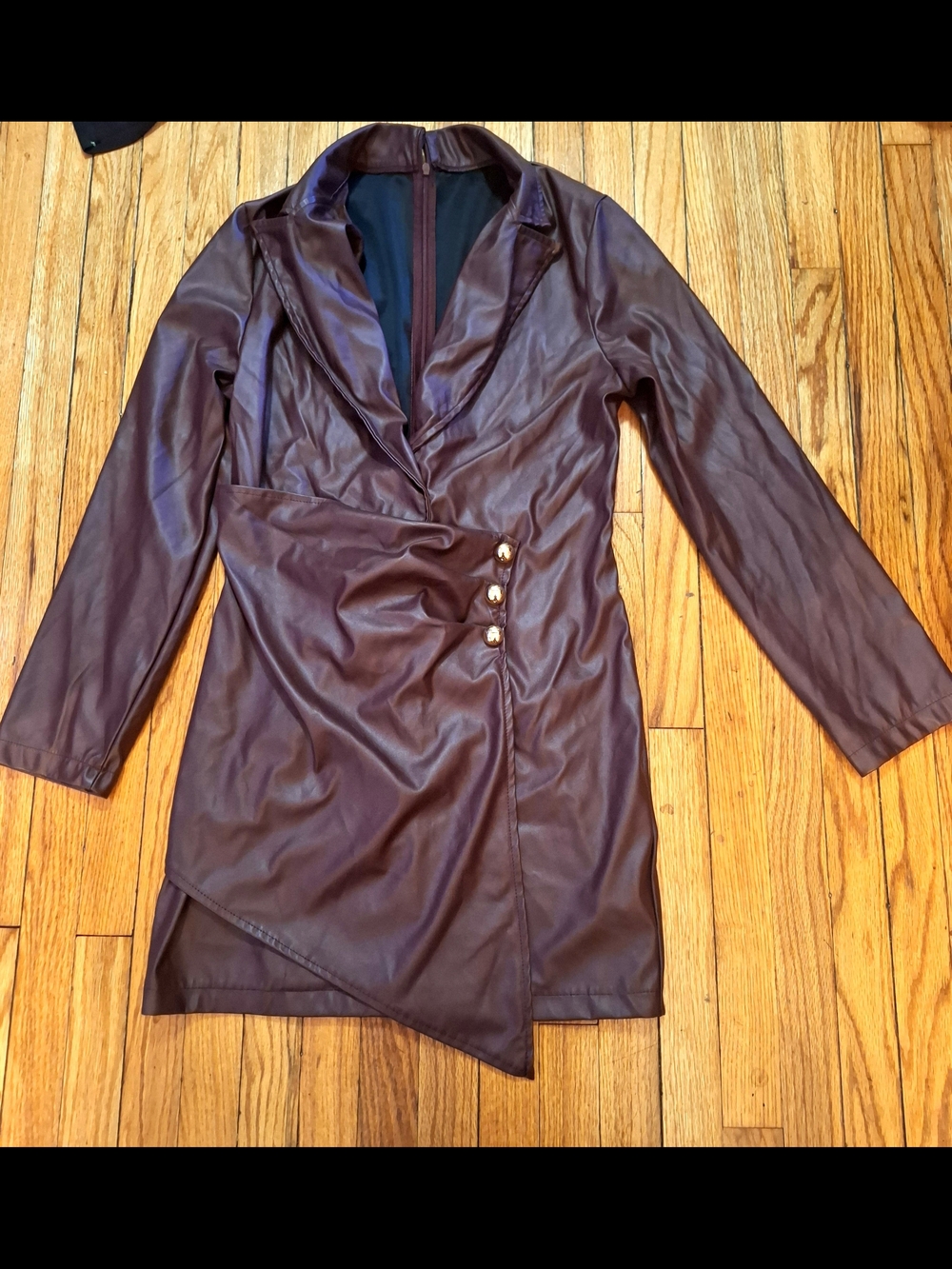 Faux Leather Asymmetric Wrap Coat - Brown